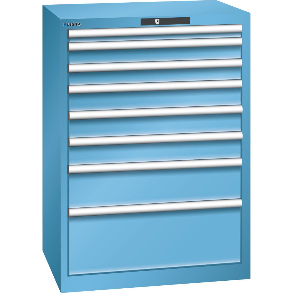 Armoire à tiroirs LISTA 36x27E, (lxPxH) 717x572x1 000 mm, 8 tiroirs, hauteurs de façade 50-250 mm, bleu clair, CODE Lock