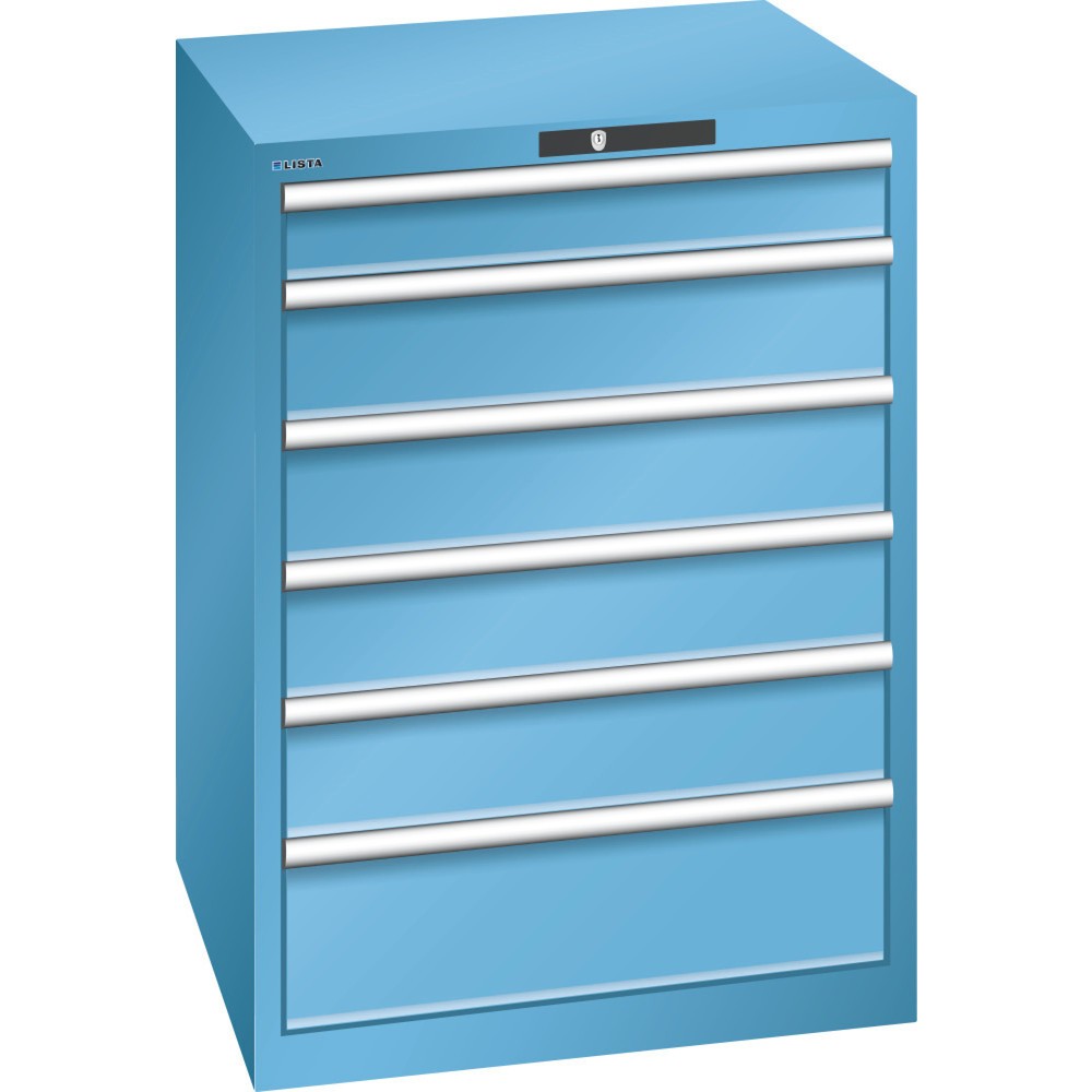 Armoire à tiroirs LISTA 36x36E, (lxPxH) 717x725x1 000 mm, 6 tiroirs, 1 x 100 / 4 x 150 / 1 x 200, bleu clair, CODE Lock