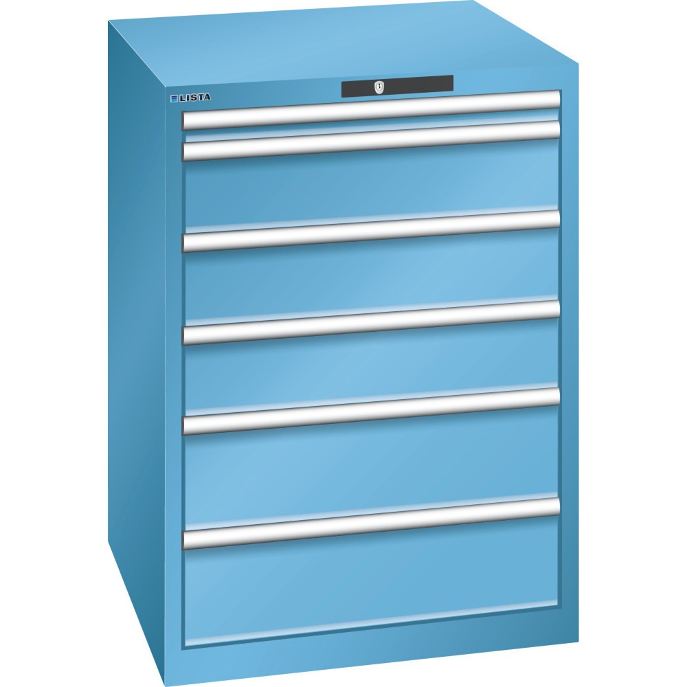 Armoire à tiroirs LISTA 36x36E, (lxPxH) 717x725x1 000 mm, 6 tiroirs, 1 x 50 / 3 x 150 / 2 x 200, bleu clair, CODE Lock