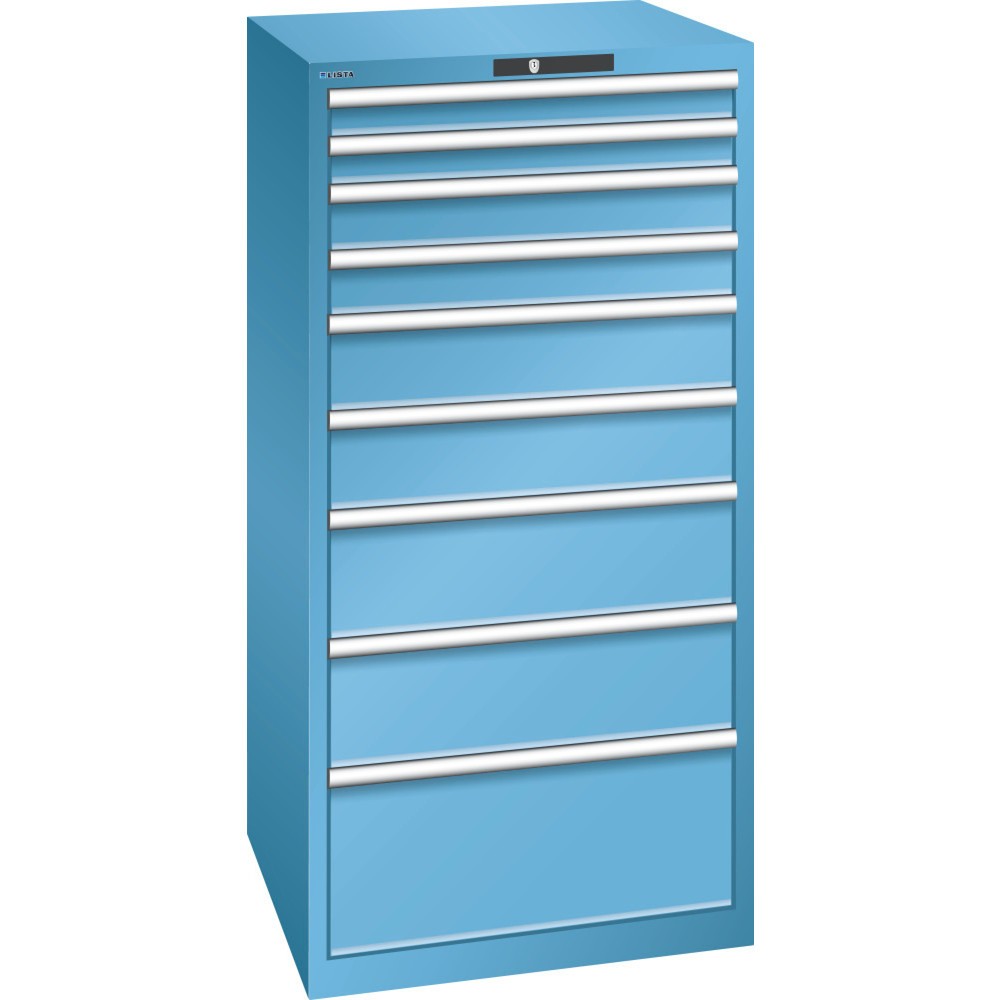 Armoire à tiroirs LISTA 36x36E, (lxPxH) 717x725x1 450 mm, 9 tiroirs, hauteurs de façade 75-300 mm, bleu clair, CODE Lock