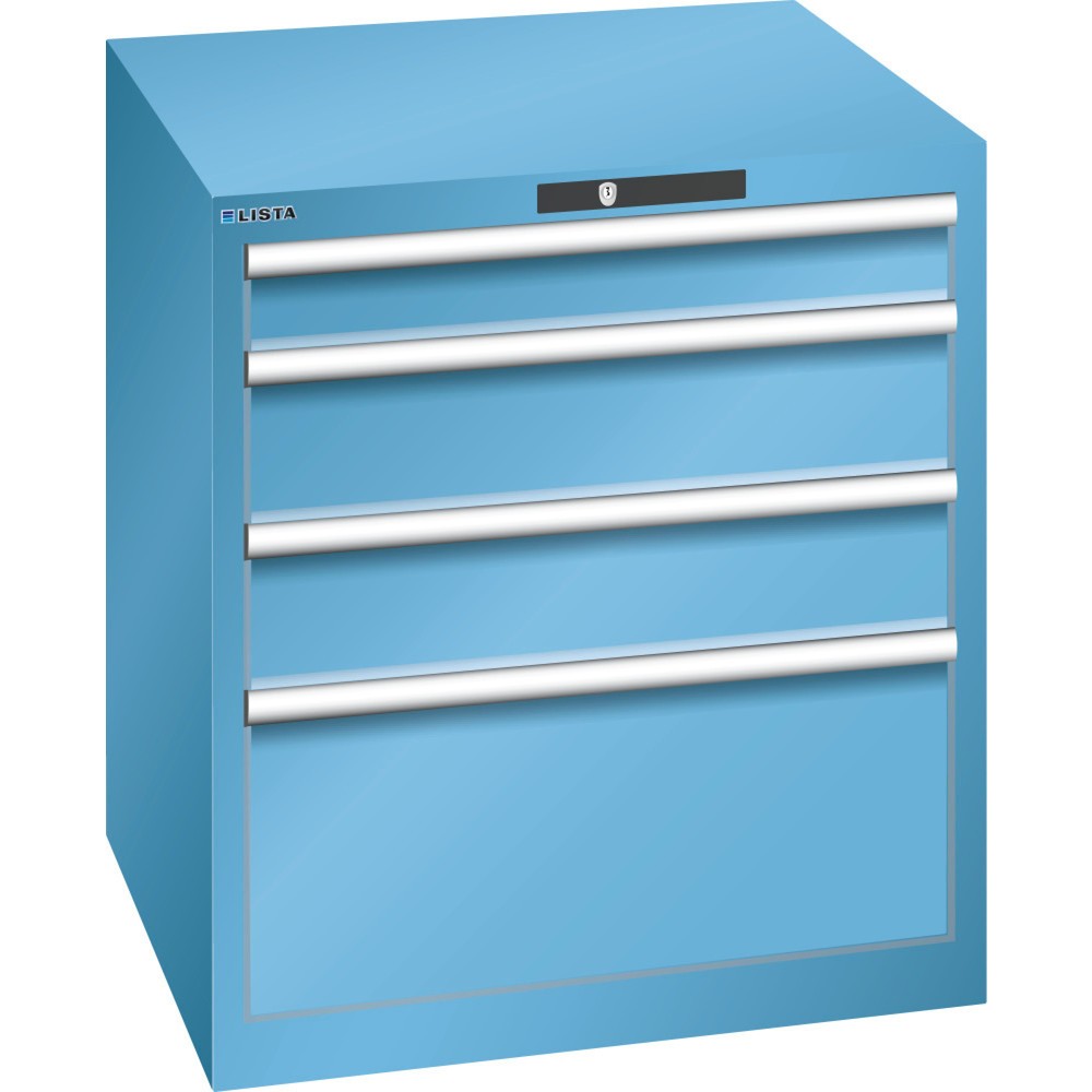 Armoire à tiroirs LISTA 36x36E, (lxPxH) 717x725x800 mm, 4 tiroirs, 1 x 100 / 2 x 150 / 1 x 300, bleu clair, KEY Lock