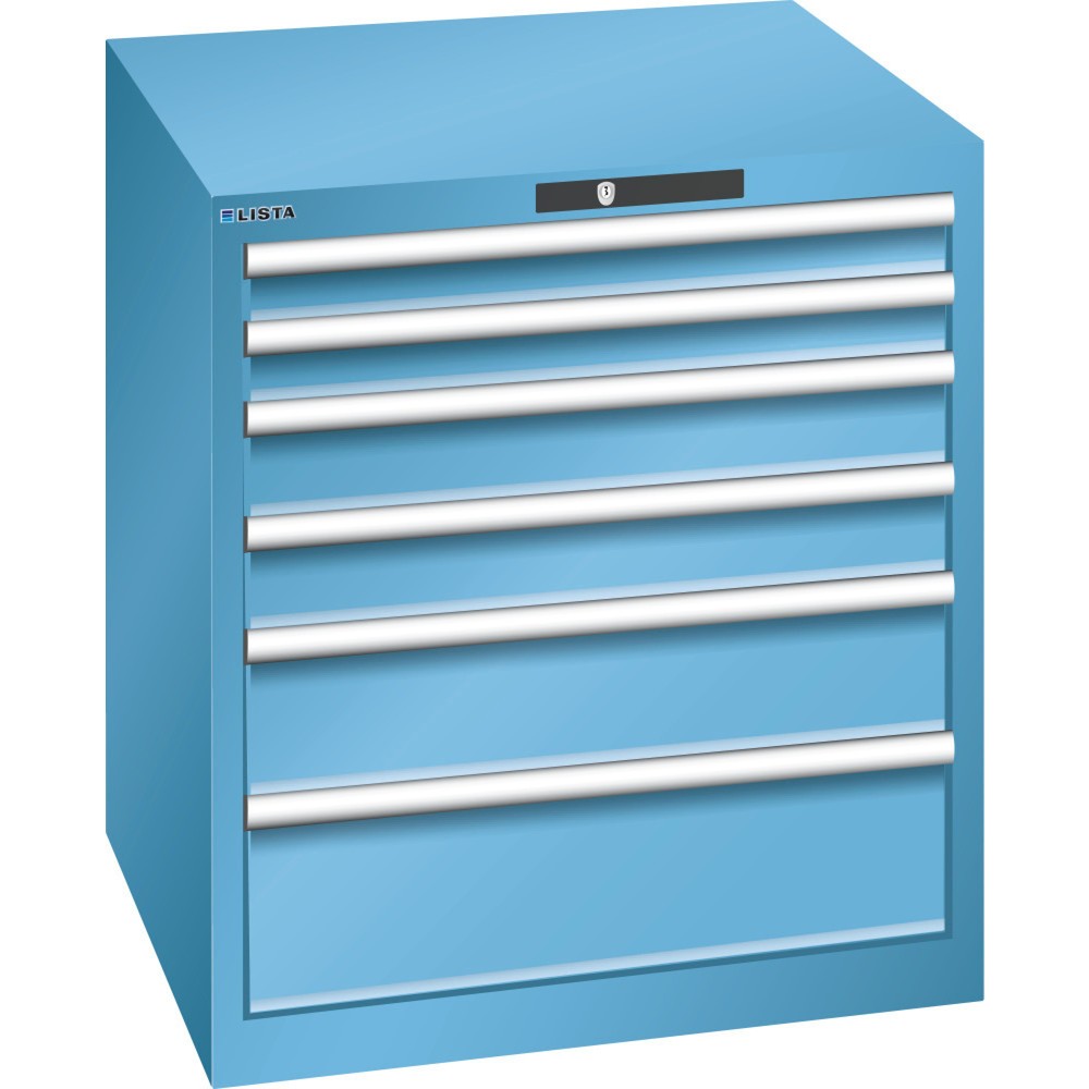 Armoire à tiroirs LISTA 36x36E, (lxPxH) 717x725x800 mm, 6 tiroirs, hauteurs de façade 75-200 mm, bleu clair, KEY Lock