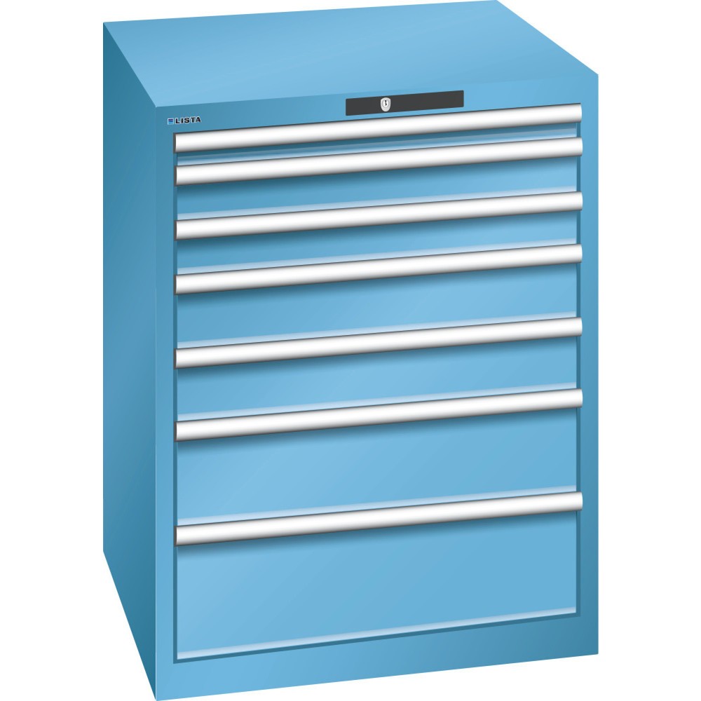 Armoire à tiroirs LISTA 36x36E, (lxPxH) 717x725x850 mm, 7 tiroirs, hauteurs de façade 50-200 mm, bleu clair, CODE Lock