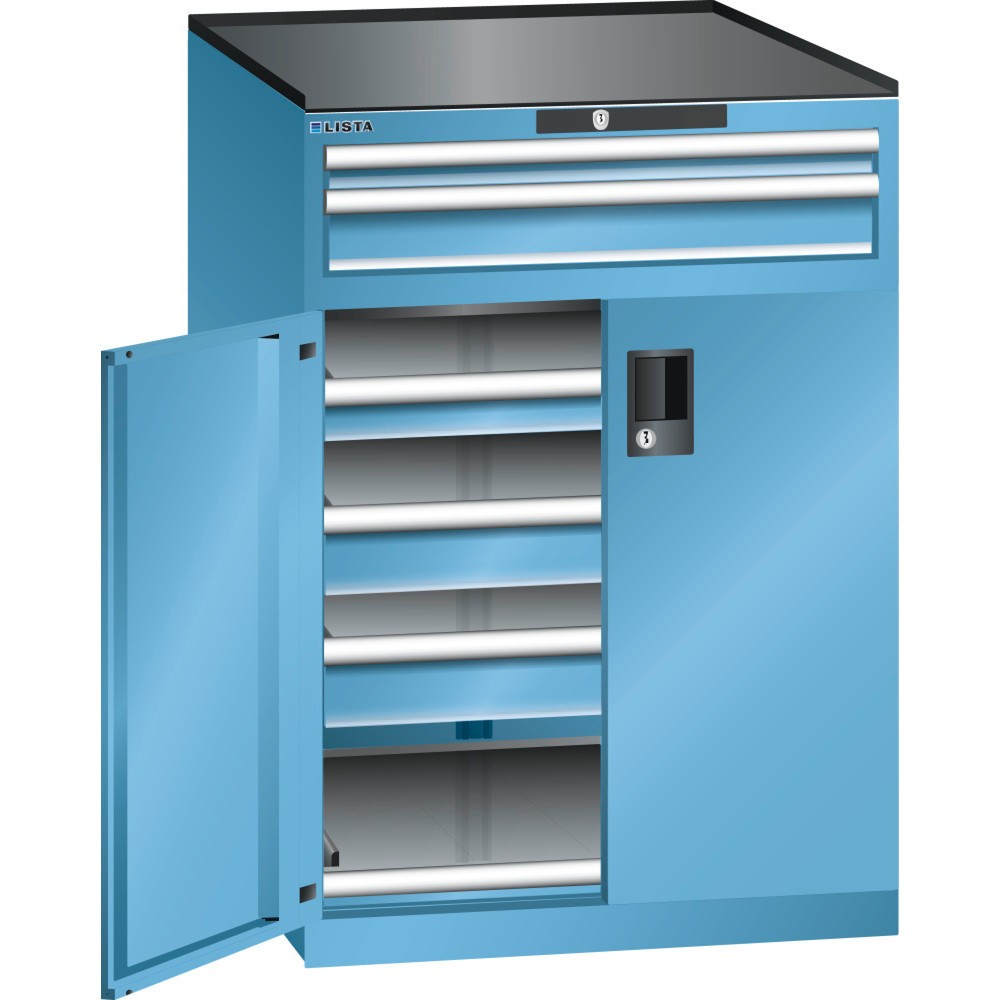 Armoire à tiroirs LISTA 36x36E, (lxPxH) 717x753x1 020 mm, 5 tiroirs, hauteurs de façade 50-100 mm, bleu clair, KEY Lock