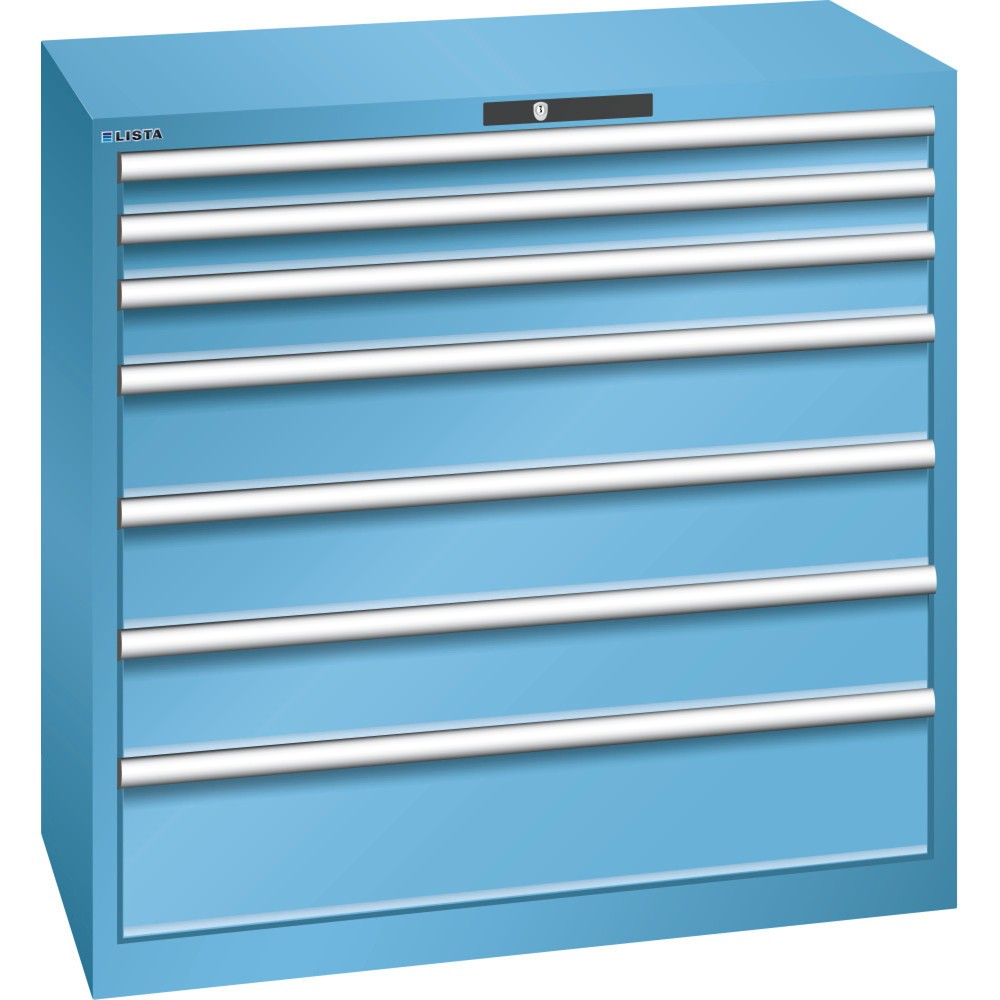 Armoire à tiroirs LISTA 54x27E, (lxPxH) 1 023x572x1 000 mm, 7 tiroirs, hauteurs de façade 75-200 mm, bleu clair, KEY Lock