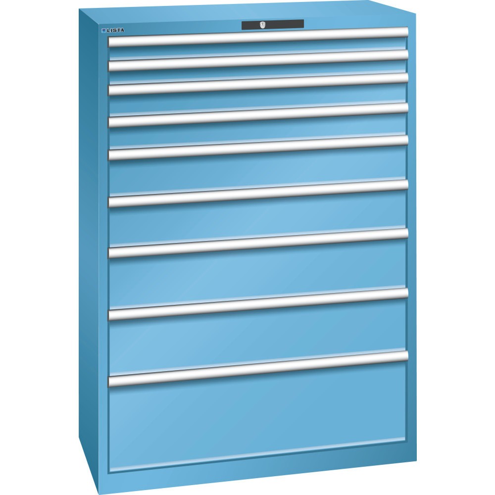 Armoire à tiroirs LISTA 54x27E, (lxPxH) 1 023x572x1 450 mm, 9 tiroirs, hauteurs de façade 75-300 mm, bleu clair, KEY Lock