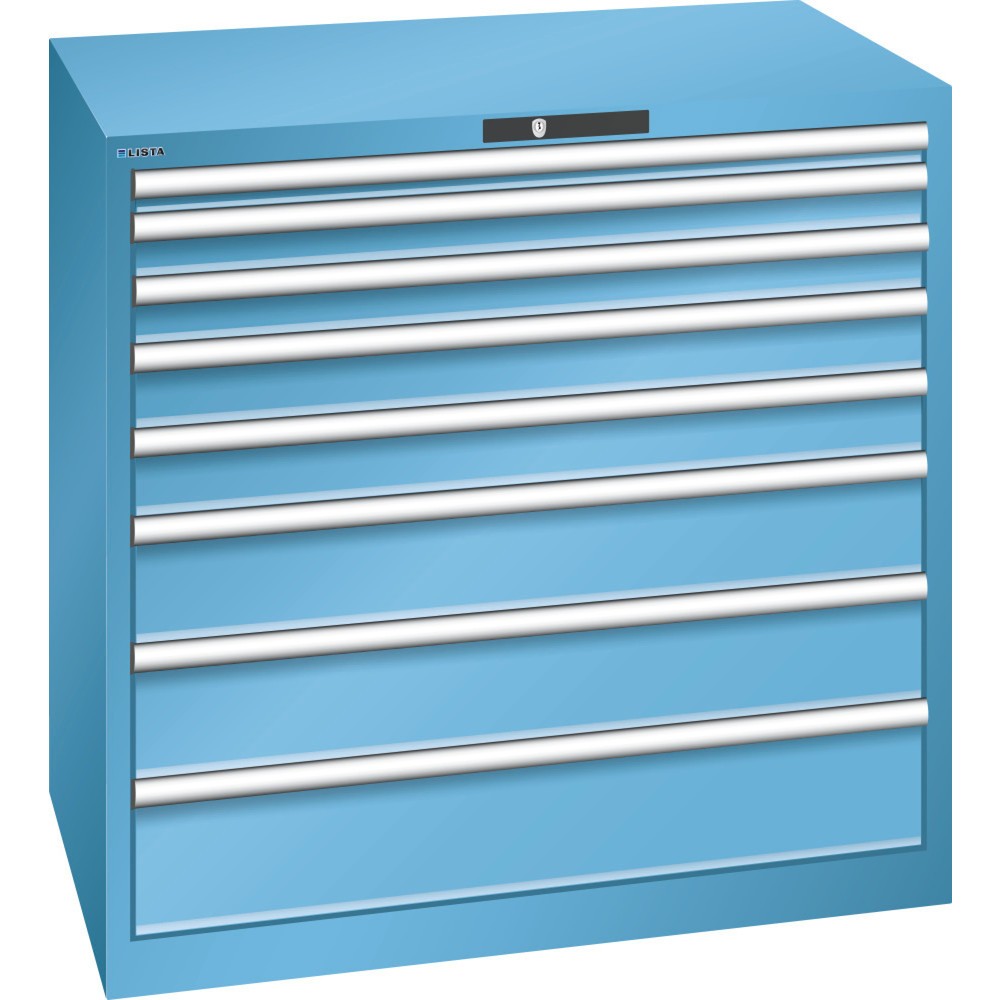 Armoire à tiroirs LISTA 54x36E, (lxPxH) 1 023x725x1 000 mm, 8 tiroirs, hauteurs de façade 50-200 mm, bleu clair, CODE Lock