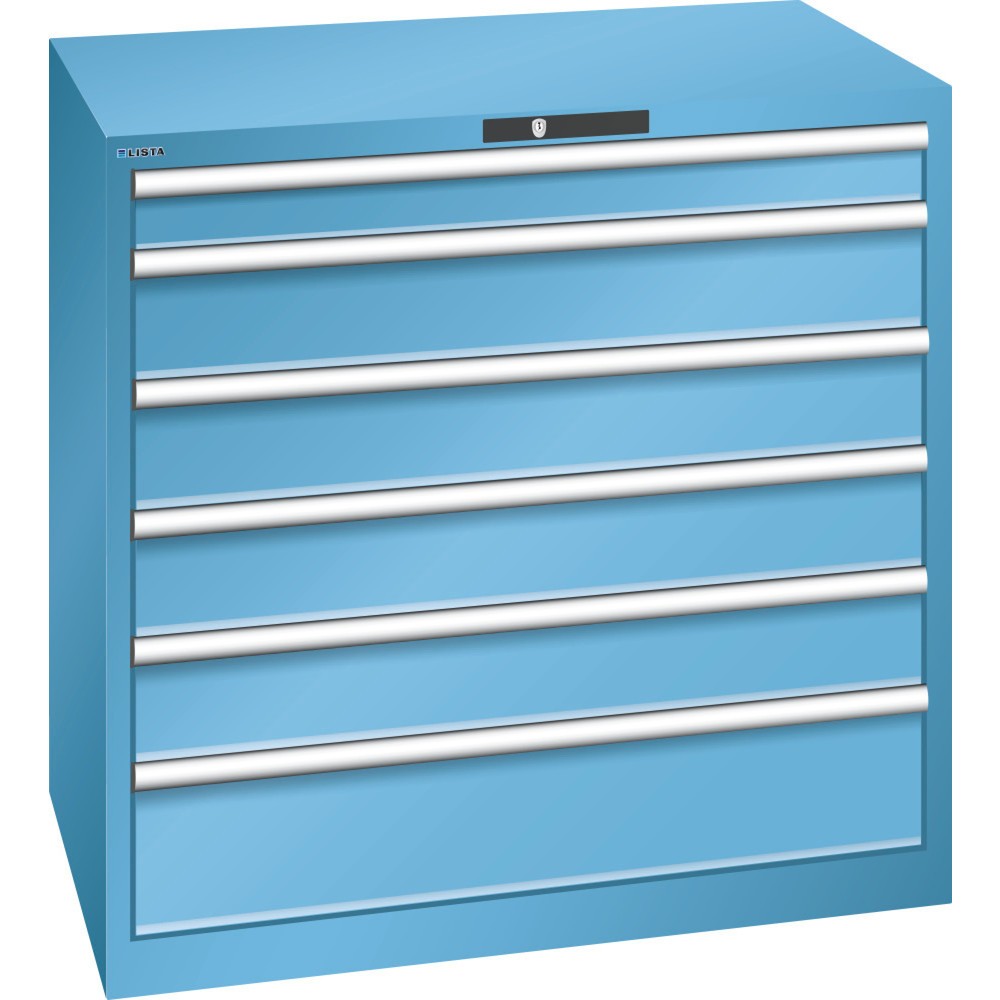 Armoire à tiroirs LISTA 54x36E, (lxPxH) 1 023x725x1 000 mm, 6 tiroirs, 1 x 100 / 4 x 150 / 1 x 200, bleu clair, CODE Lock