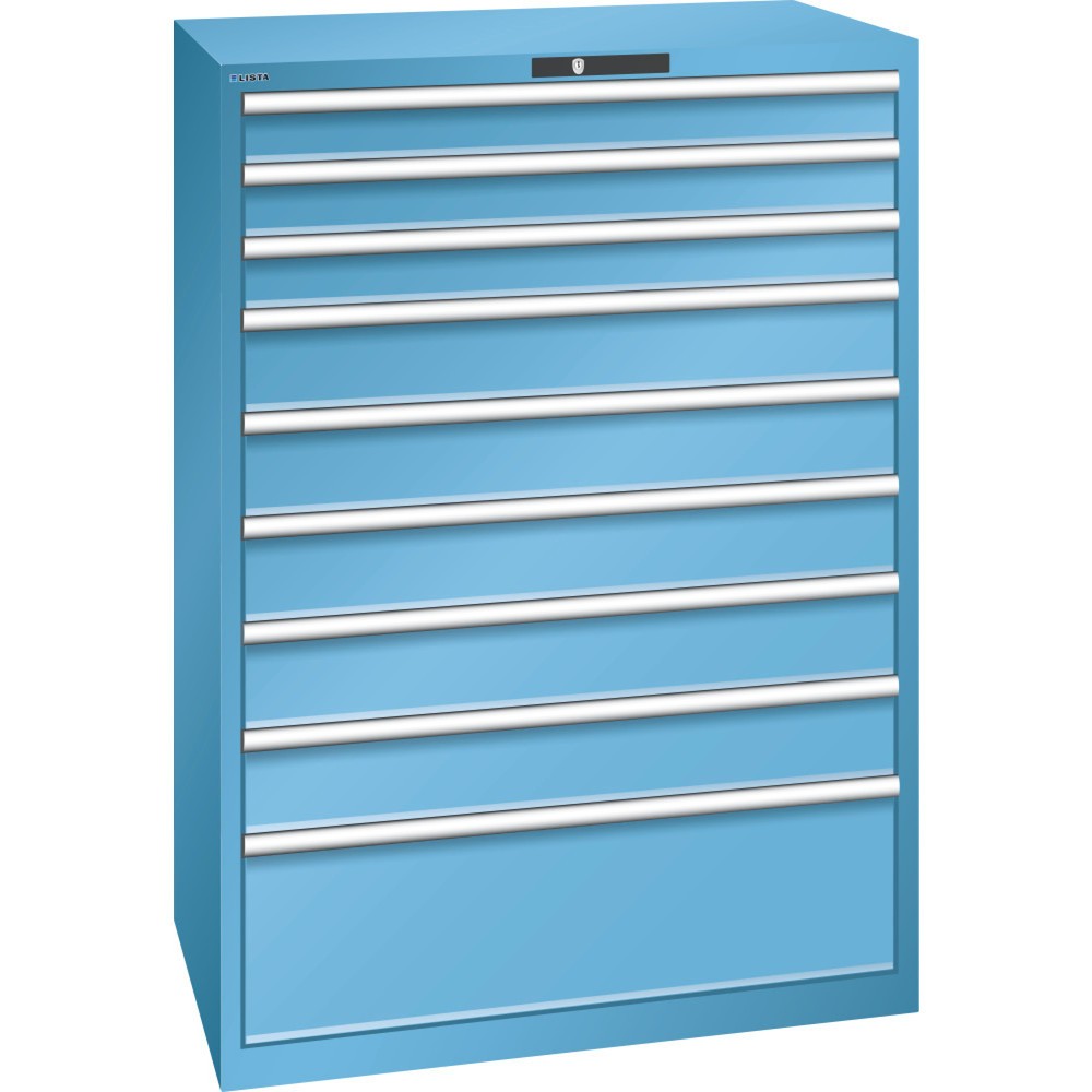 Armoire à tiroirs LISTA 54x36E, (lxPxH) 1 023x725x1 450 mm, 9 tiroirs, 3 x 100 / 5 x 150 / 1 x 300, bleu clair, AUTO Lock