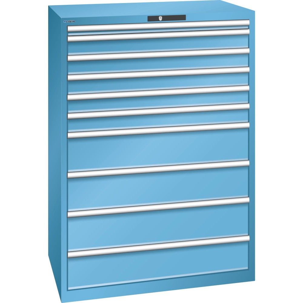 Armoire à tiroirs LISTA 54x36E, (lxPxH) 1 023x725x1 450 mm, 10 tiroirs, 1 x 50 / 5 x 100 / 4 x 200, bleu clair, KEY Lock