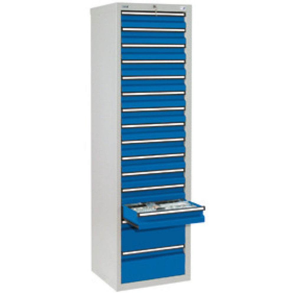 Armoire à tiroirs stumpf®, tiroirs de 13 x 100 + 2 x 200 mm, H x l x P 1 800 x 500 x 500 mm, gris clair/bleu gentiane