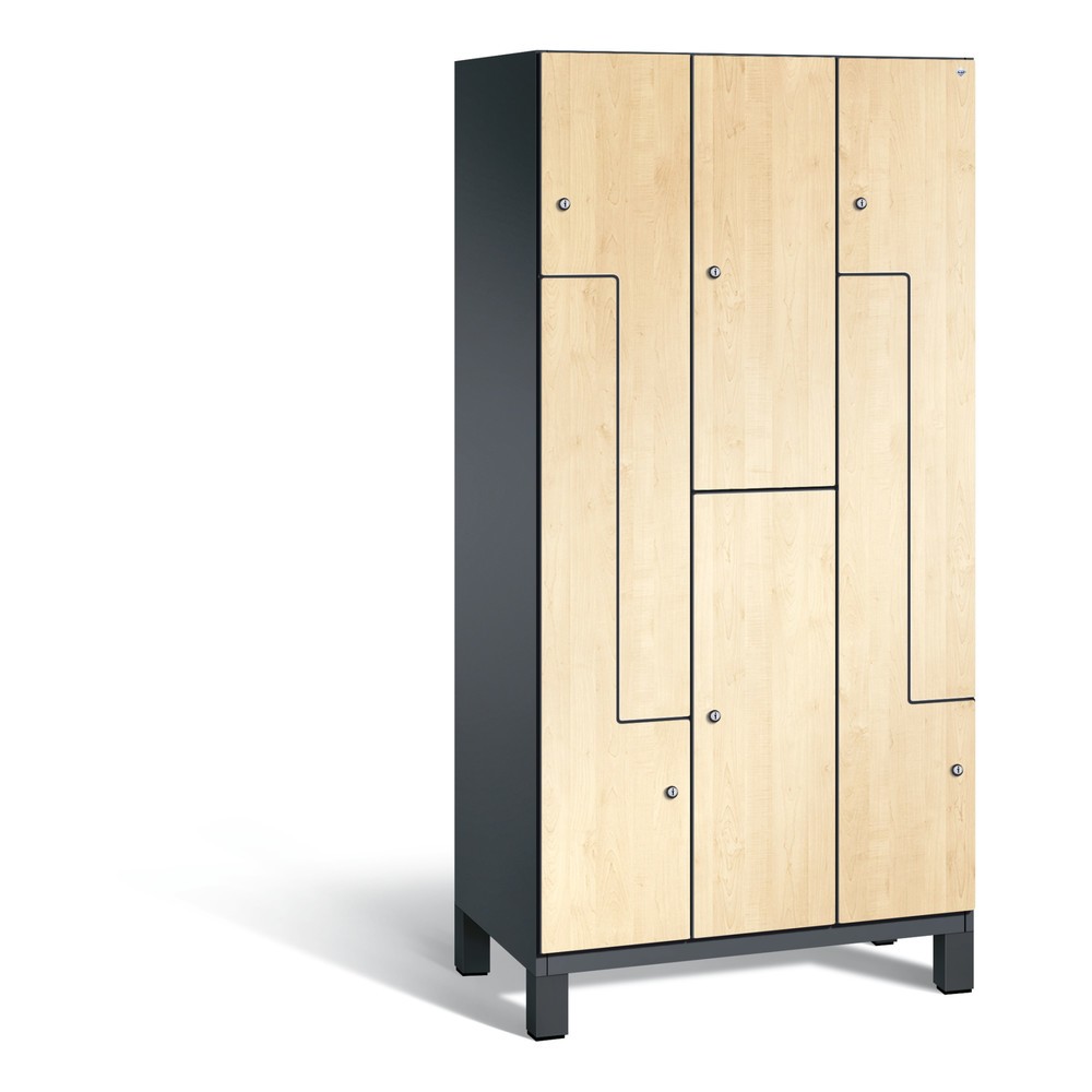 Armoire combinée en Z Cambio C+P, 3 compartiments, largeur des compartiments 300 mm, HxlxP 1 980x900x525 mm, RAL 7021 gris noir, décor érable du Danube, pieds