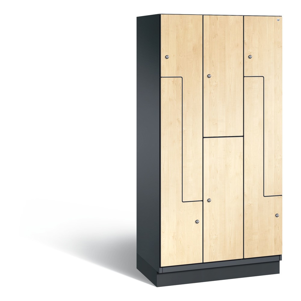 Armoire combinée en Z C+P Cambio, 3 compartiments, largeur des compartiments 300 mm, HxlxP 1 980x900x525 mm, RAL 7021 gris noir, décor érable du Danube, socle