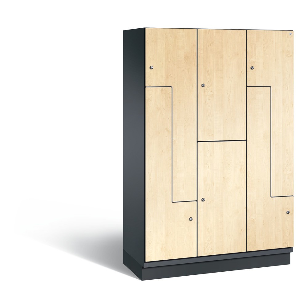 Armoire combinée en Z C+P Cambio, 3 compartiments, largeur des compartiments 400 mm, HxlxP 1 980 x1 200x525 mm, RAL 7021 gris noir, décor érable du Danube, socle