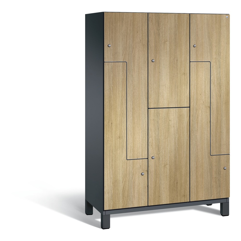 Armoire combinée en Z Cambio C+P, 3 compartiments, largeur des compartiments 400 mm, HxlxP 1 980x1 200x525 mm, RAL 7021 gris noir, décor chêne Sereno, pieds