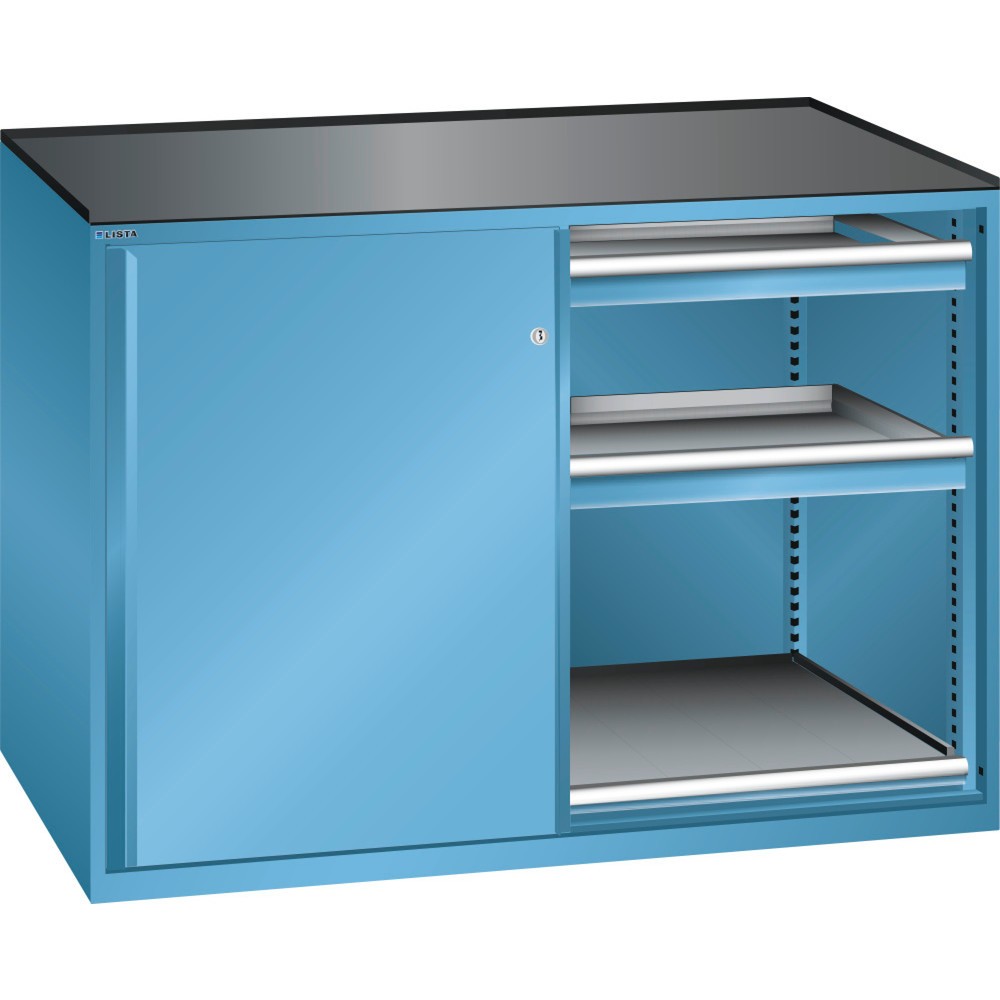 Armoire d'appoint LISTA 2x36x27E, (lxPxH) 1 430x600x1 020 mm, 2 étagères coulissantes, 4 tiroirs, capacité de charge 75 kg, bleu clair