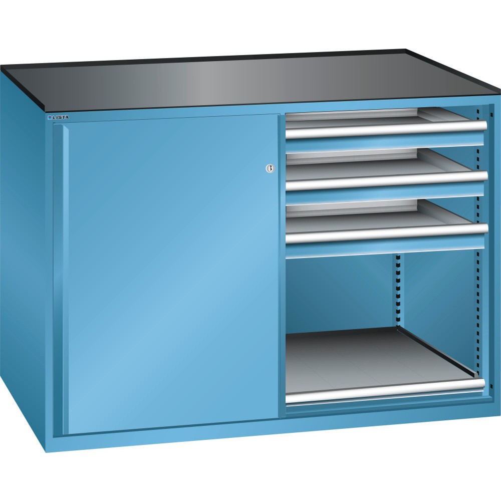 Armoire d'appoint LISTA 2x36x27E, (lxPxH) 1 430x600x1 020 mm, 2 étagères coulissantes, 6 tiroirs, capacité de charge 75 kg, bleu clair