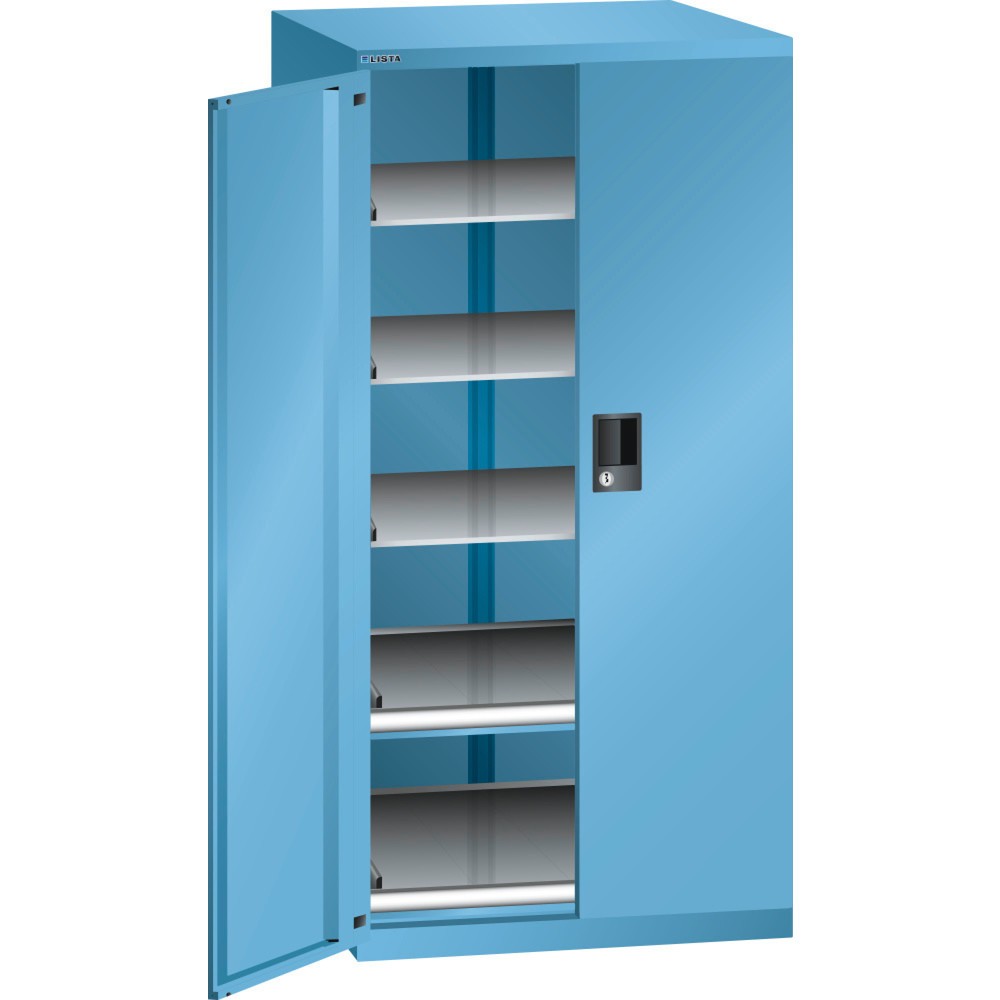 Armoire d'appoint LISTA 36x36E, (lxPxH) 717x753x1 450 mm, 2 étagères coulissantes, 3 étagères réglables, bleu clair, CODE Lock