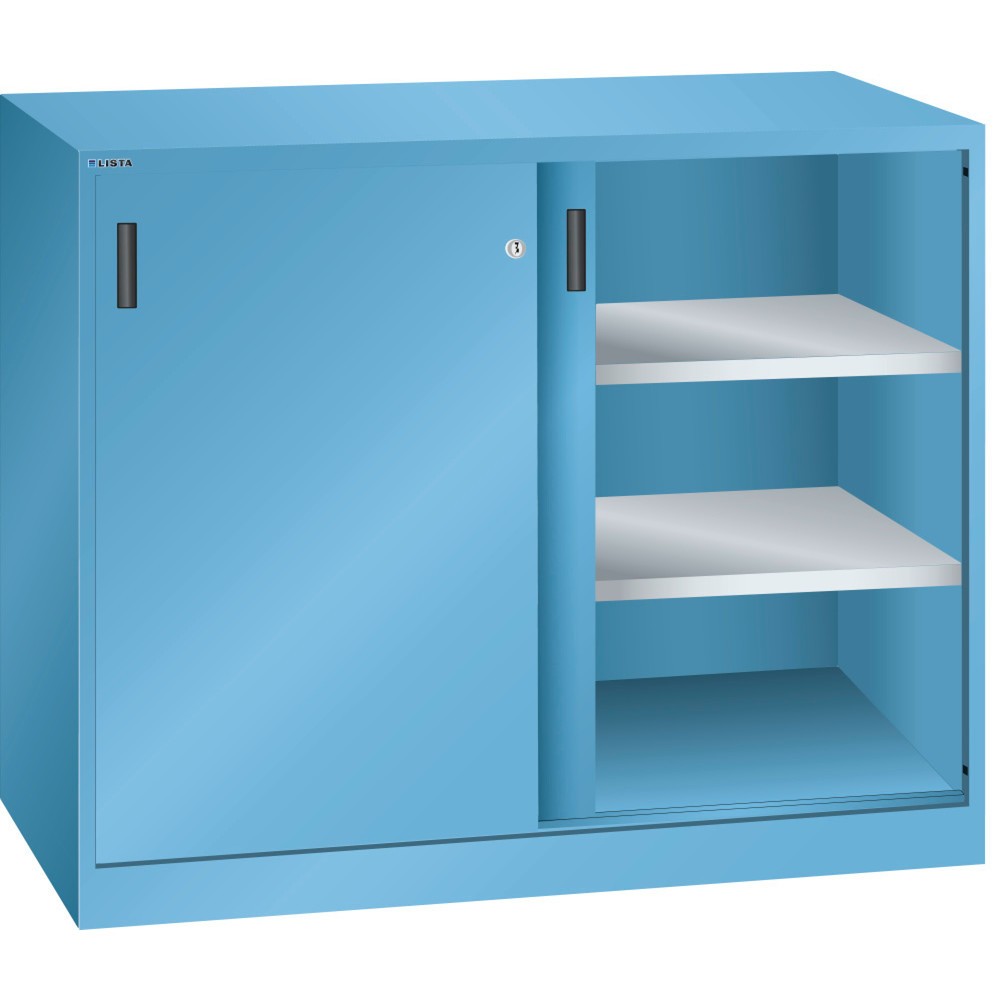 Armoire d'appoint LISTA avec portes coulissantes, (lxH) 1 250x1 000 mm, 2 étagères réglables, profondeur 500 mm, bleu clair