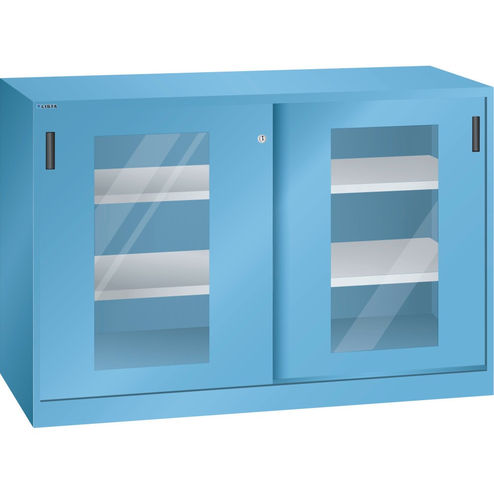 Armoire d'appoint LISTA avec portes coulissantes, (lxH) 1 500x1 000 mm, 4 étagères réglables, vitres transparentes, profondeur 500 mm, bleu clair