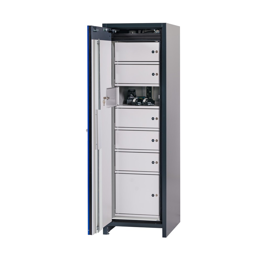 Armoire de sécurité asecos® type 90 pour batteries lithium-ions ION-CORE-CHARGE, HxlxP 1 953 x 599 x 615 mm, 1 système de casiers verrouillables, 1 bac de rétention au sol, 2 multiprises (version CH)