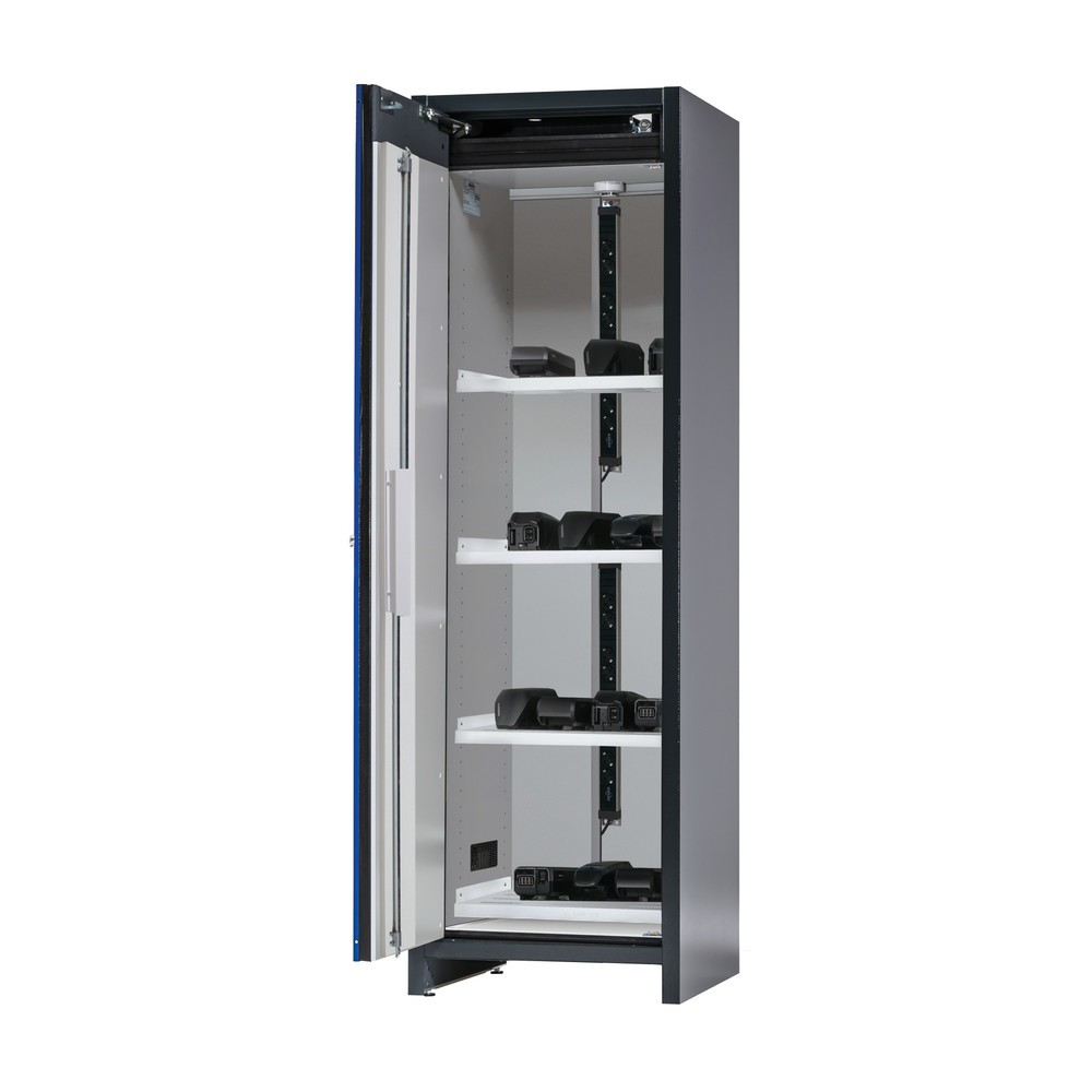 Armoire de sécurité asecos® type 90 pour batteries lithium-ions ION-CORE-CHARGE, HxlxP 2 224 x 599 x 615 mm, 4 tablettes perforées, 2 multiprises (version CH), 1 bac de rétention au sol