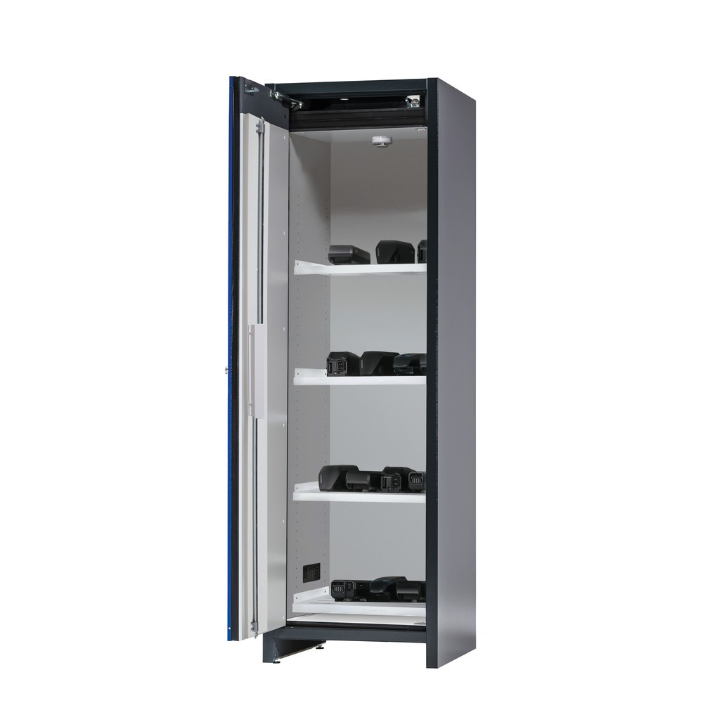 Armoire de sécurité asecos® type 90 pour batteries lithium-ions ION-CORE-STORE, HxlxP 1 953 x 599 x 615 mm, 4 tablettes perforées, 1 bac de rétention au sol