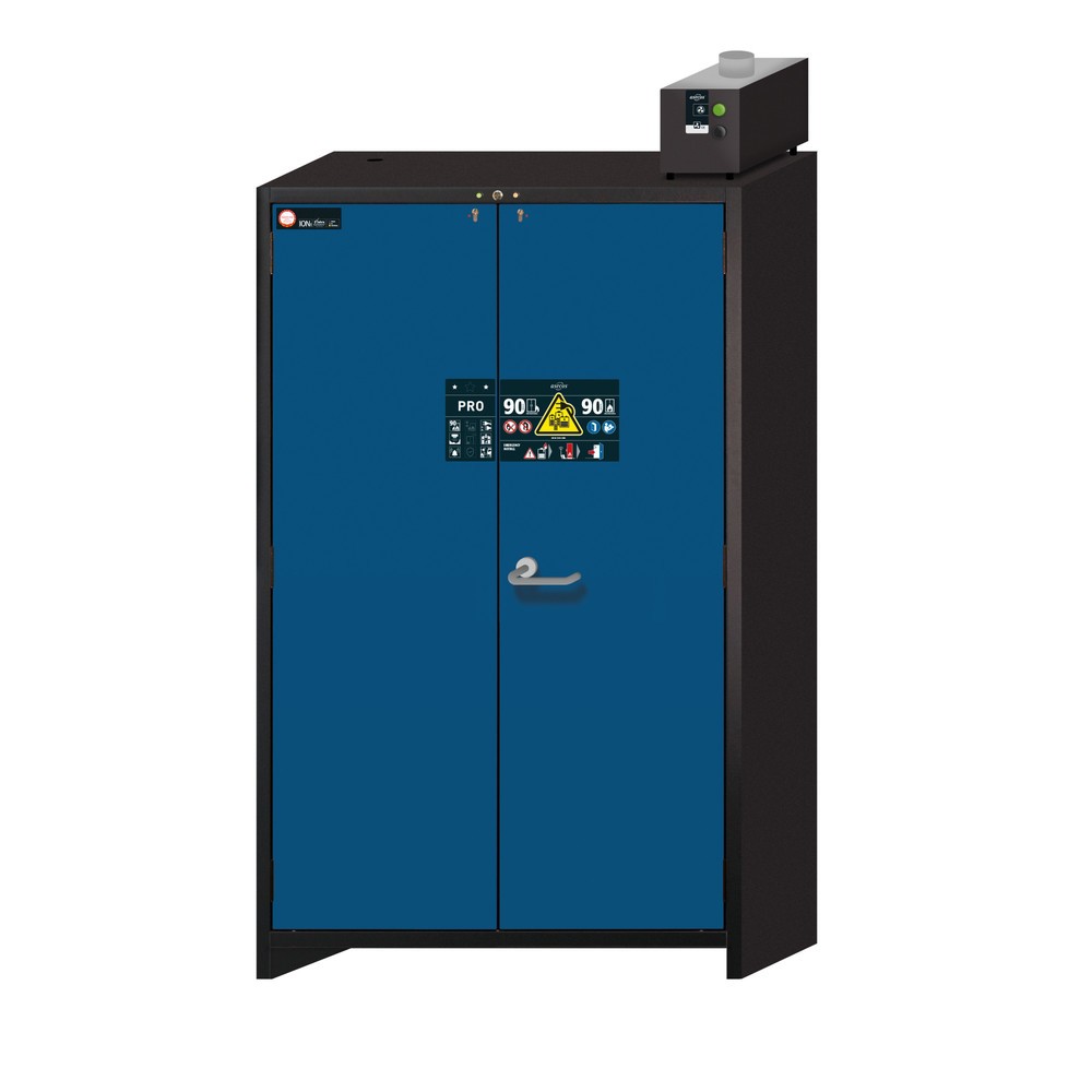 Armoire de sécurité asecos® type 90 pour batteries lithium-ions ION-PRO-CHARGE, HxlxP 2 224 x 1 193 x 615 mm, 3 tablettes perforées, 3 multiprises (version CH), 1 bac de rétention au sol