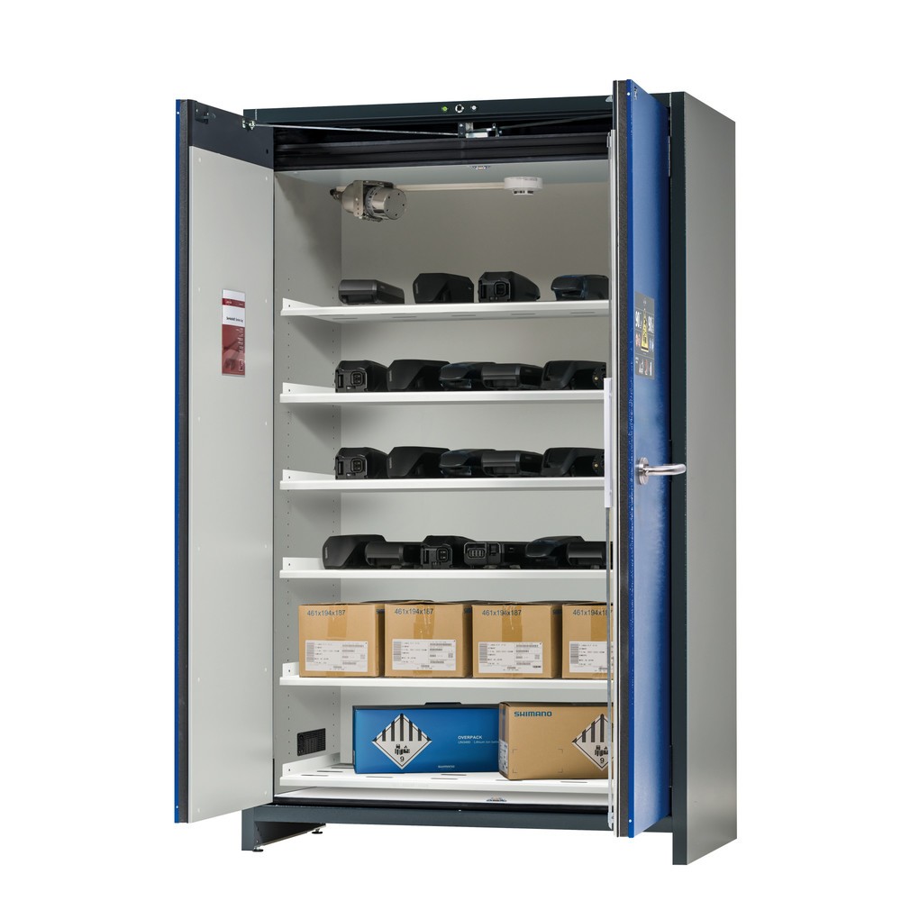 Armoire de sécurité asecos® type 90 pour batteries lithium-ions ION-PRO-STORE, HxlxP 1 953 x 1 193 x 615 mm, 5 tablettes perforées, 1 bac de rétention au sol