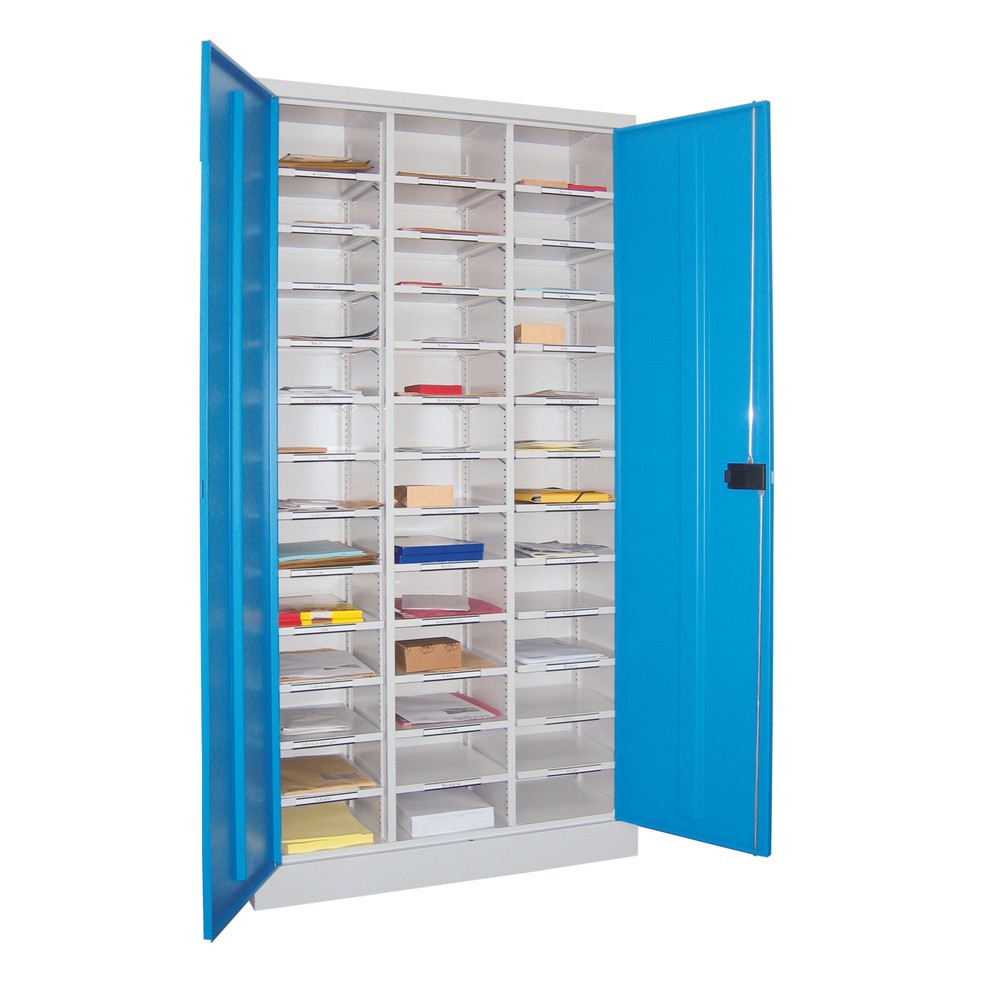 Armoire de tri PAVOY avec porte, 39 compartiments, bleu clair, rouge feu