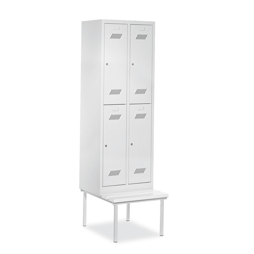 Armoire-penderie avec banc PAVOY, 2 niveaux, 2 x 2 compartiments de 300 mm, serrure à cylindre, gris clair, gris clair