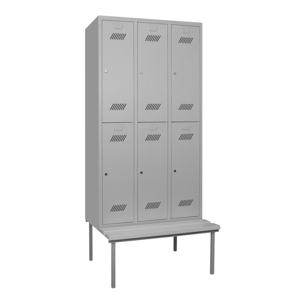 Armoire-penderie avec banc PAVOY, 2 niveaux, 3 x 2 compartiments de 300 mm, fermeture à pêne tournant, gris clair, gris clair