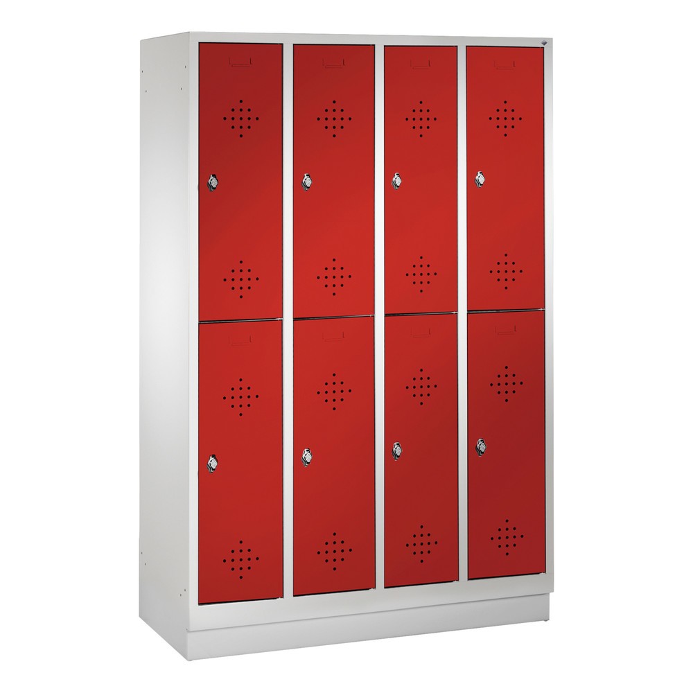 Armoire-penderie C+P Classic à deux niveaux, 4 compartiments, largeur des compartiments 300 mm, avec socle, HxlxP 1 800x1 190x500 mm, RAL 7035 gris clair, RAL 3003 rouge rubis