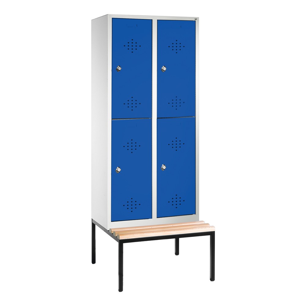 Armoire-penderie C+P Classic à deux niveaux avec banc intégré, 2 compartiments, largeur des compartiments 400 mm, HxlxP 2 090x810x815 mm, RAL 7035 gris clair, RAL 5010 bleu gentiane