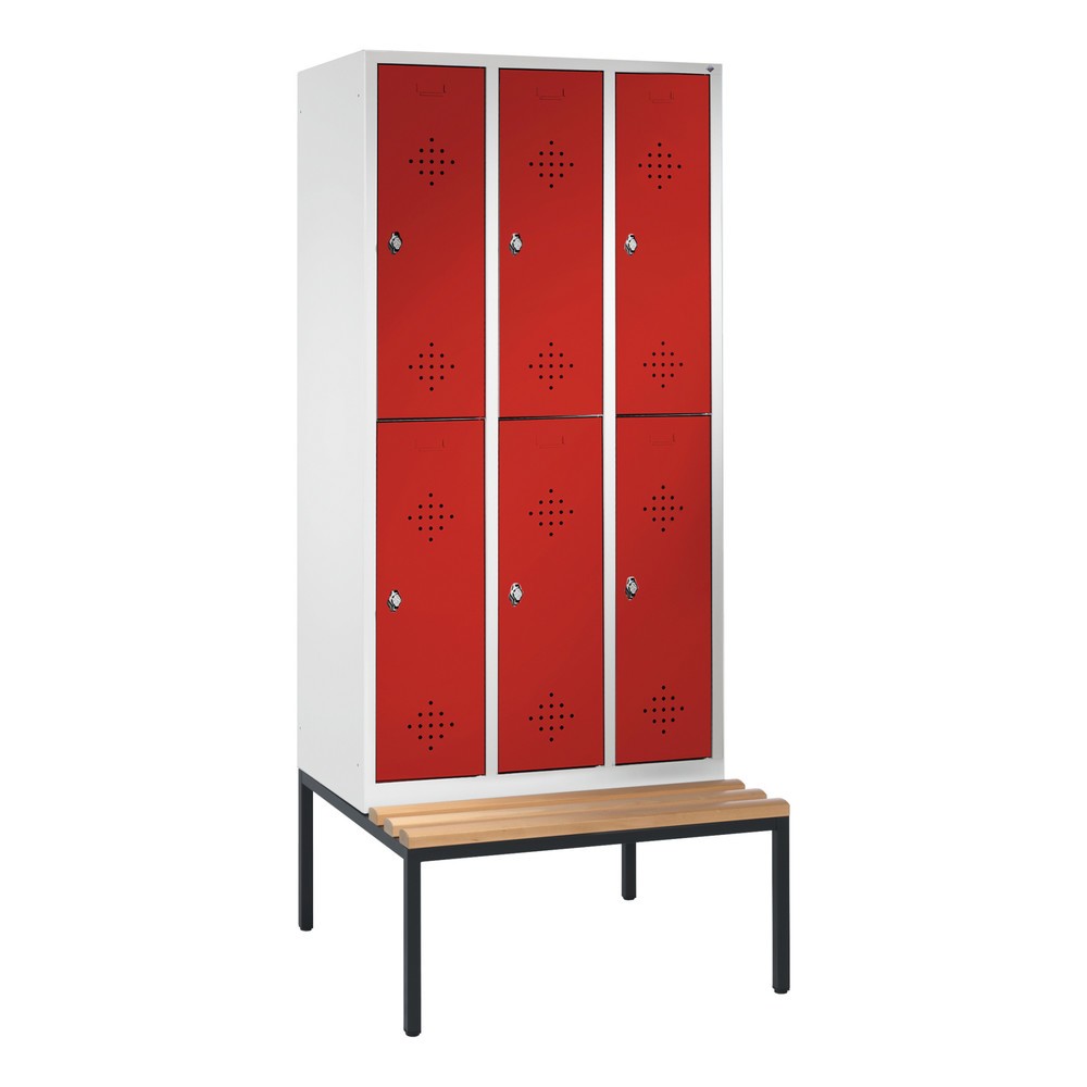 Armoire-penderie C+P Classic à deux niveaux avec banc intégré, 3 compartiments, largeur des compartiments 300 mm, HxlxP 2 090x900x815 mm, RAL 7035 gris clair, RAL 3003 rouge rubis