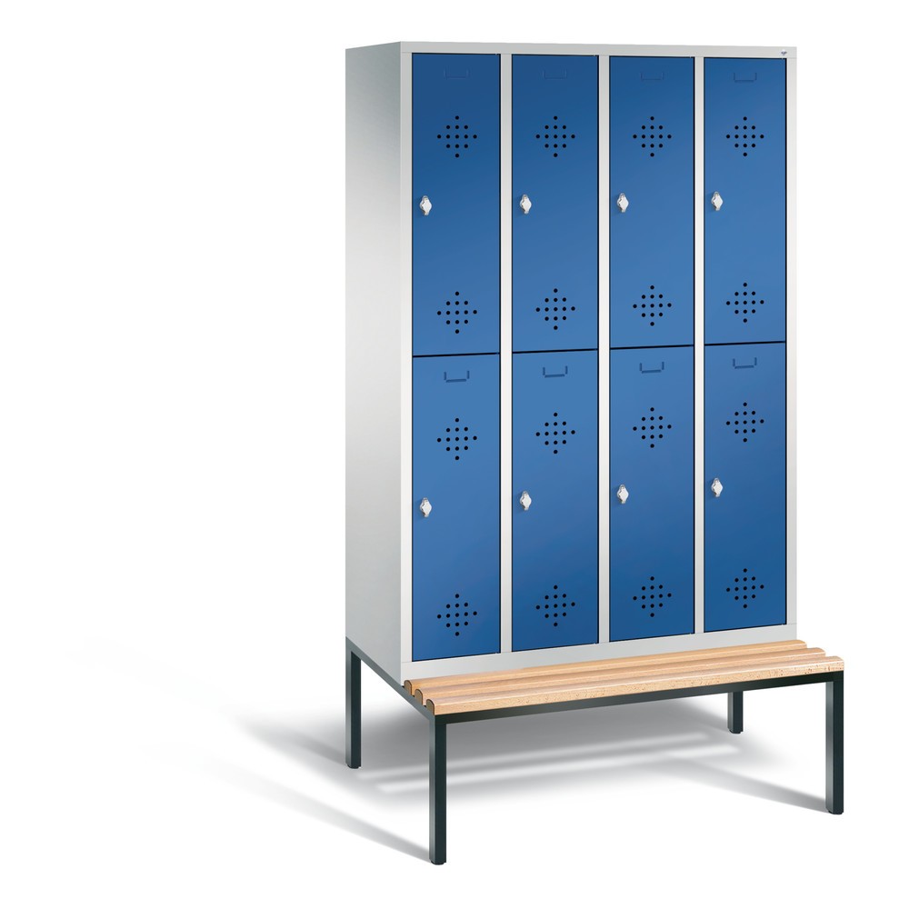 Armoire-penderie C+P Classic à deux niveaux avec banc intégré, 4 compartiments, largeur des compartiments 300 mm, HxlxP 2 090x1 190x815 mm, RAL 7035 gris clair, RAL 5010 bleu gentiane