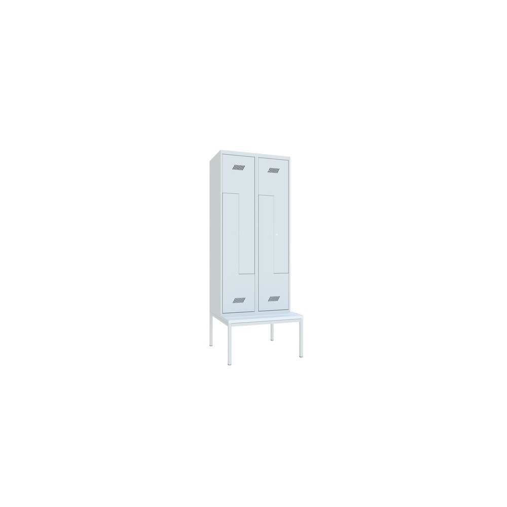 Armoire-penderie en Z avec banc PAVOY, 4 compartiments, serrure à cylindre, gris clair, gris clair, Plastique, blanc