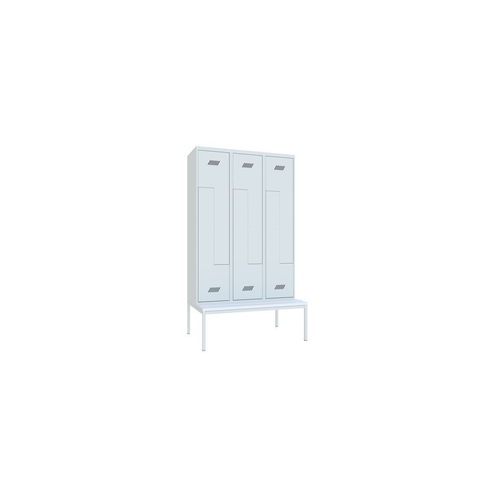 Armoire-penderie en Z avec banc PAVOY, 6 compartiments, serrure à cylindre, gris clair, gris clair, Plastique, blanc