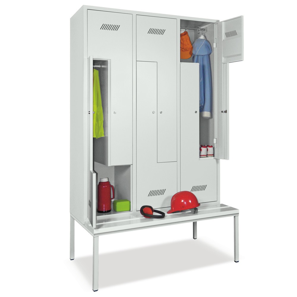 Armoire-penderie en Z avec banc PAVOY, 6 compartiments, serrure à cylindre, gris clair, rouge feu, Plastique, blanc