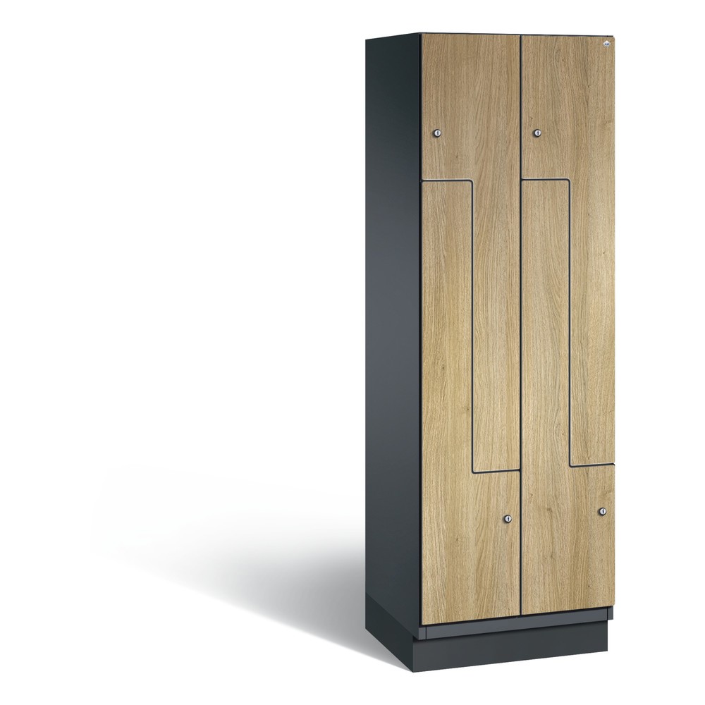 Armoire-penderie en Z Cambio C+P, 2 compartiments, largeur des compartiments 300 mm, HxlxP 1 980x600x525 mm, RAL 7021 gris noir, décor chêne Sereno, socle