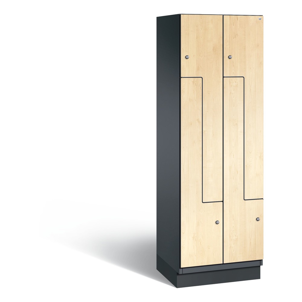 Armoire-penderie en Z Cambio C+P, 2 compartiments, largeur des compartiments 300 mm, HxlxP 1 980x600x525 mm, RAL 7021 gris noir, décor érable du Danube, socle