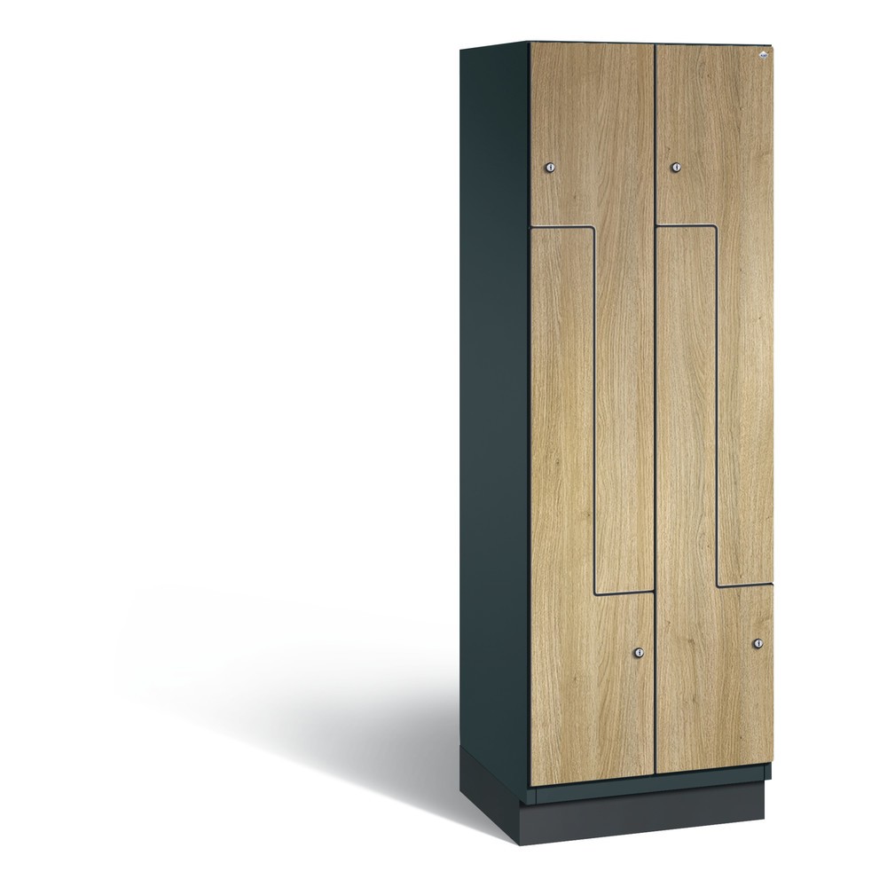 Armoire-penderie en Z Cambio C+P, 2 compartiments, largeur des compartiments 300 mm, HxlxP 1 980x600x525 mm, RAL 7016 gris anthracite, décor chêne Sereno, pieds