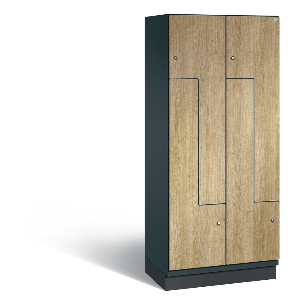 Armoire-penderie en Z Cambio C+P, 2 compartiments, largeur des compartiments 400 mm, HxlxP 1 980x800x525 mm, RAL 7016 gris anthracite, décor chêne Sereno, socle