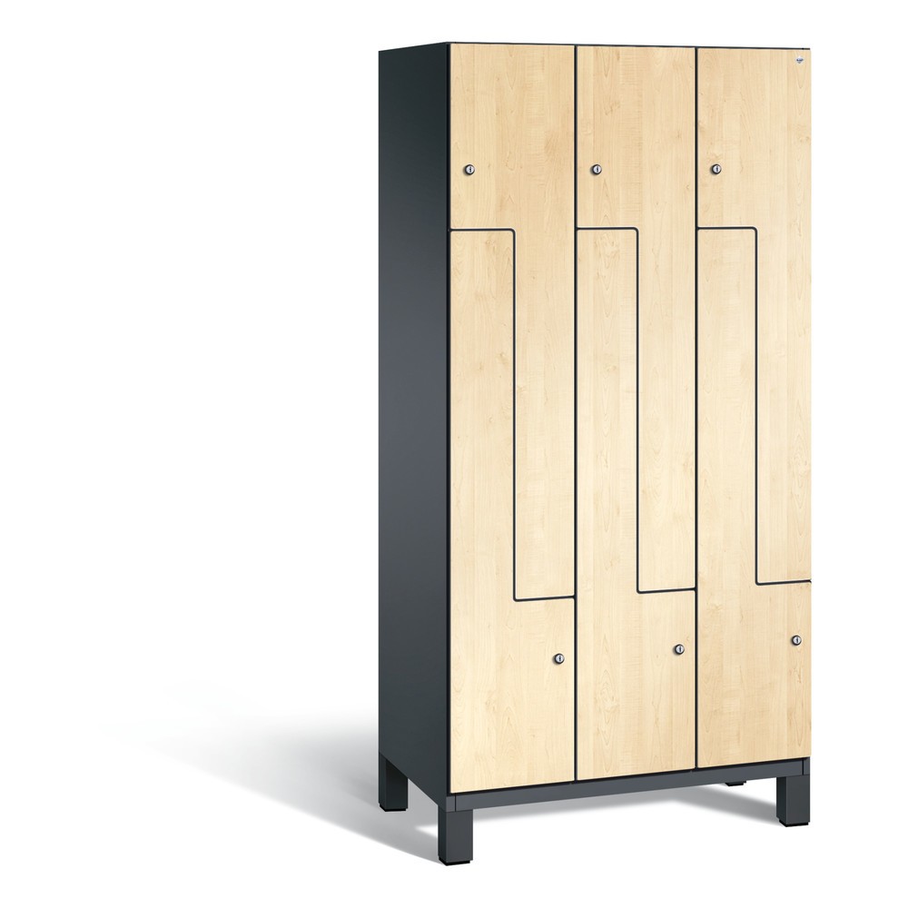 Armoire-penderie en Z C+P Cambio, 3 compartiments, largeur des compartiments 300 mm, HxlxP 1 980x900x525 mm, RAL 7021 gris noir, décor érable du Danube, pieds