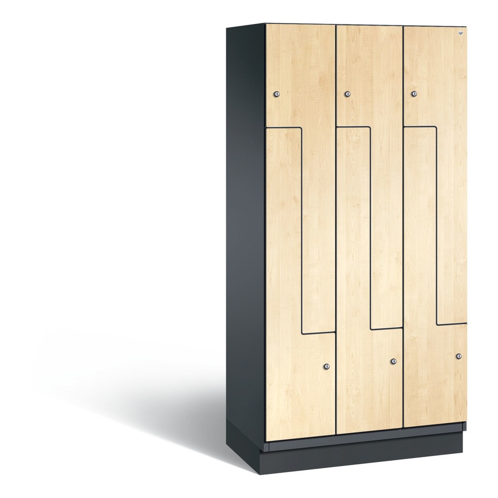 Armoire-penderie en Z C+P Cambio, 3 compartiments, largeur des compartiments 300 mm, HxlxP 1 980x900x525 mm, RAL 7021 gris noir, décor érable du Danube, socle