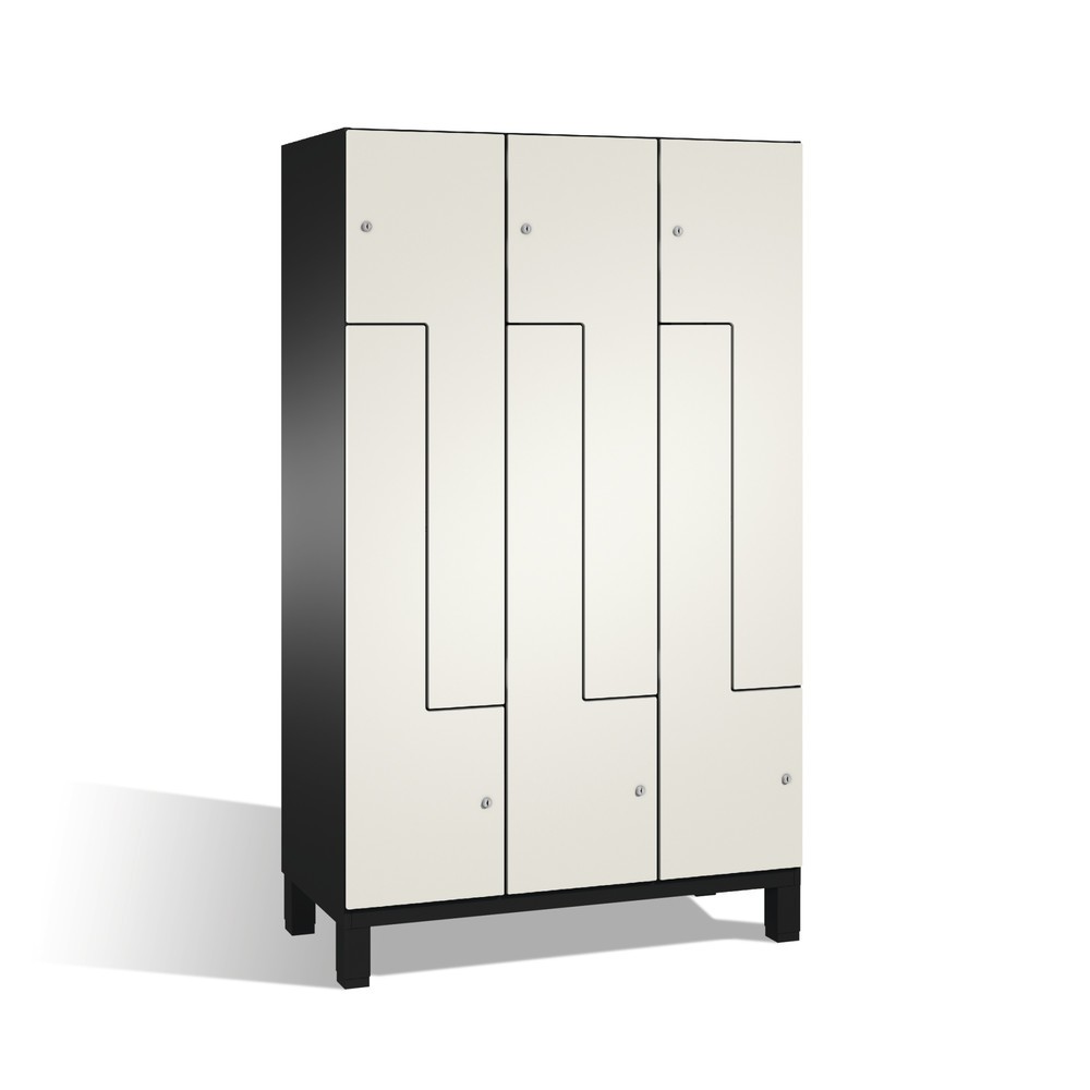 Armoire-penderie en Z Cambio C+P, 3 compartiments, largeur des compartiments 400 mm, HxlxP 1 980x1 200x525 mm, RAL 7021 gris noir, décor blanc, pieds