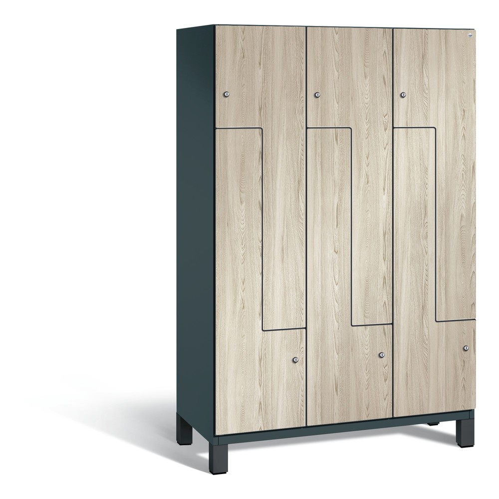 Armoire-penderie en Z C+P Cambio, 3 compartiments, largeur des compartiments 400 mm, HxlxP 1 980x1 200x525 mm, RAL 7016 gris anthracite, décor frêne Sen, pieds