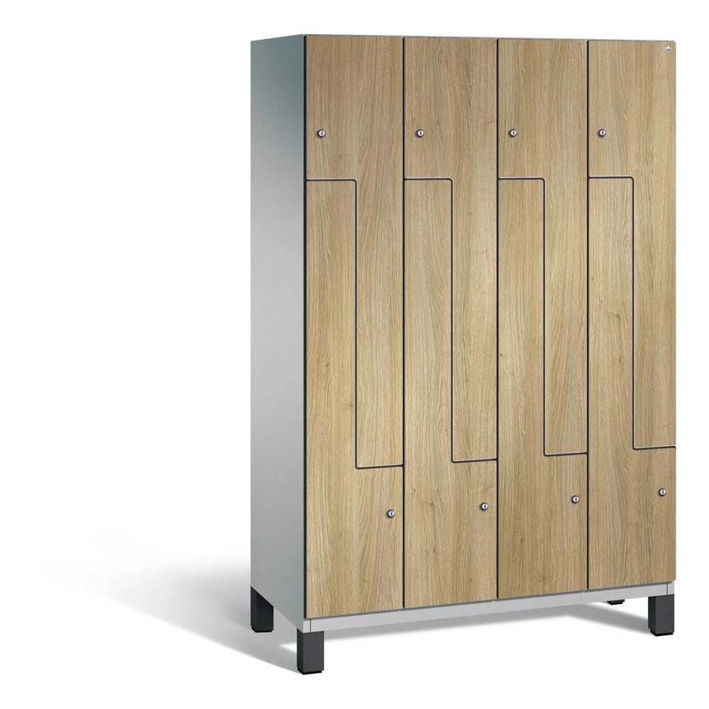 Armoire-penderie en Z Cambio C+P, 4 compartiments, largeur des compartiments 400 mm, HxlxP 1 980 x1 200x525 mm, RAL 9006 aluminium blanc, décor chêne Sereno, pieds