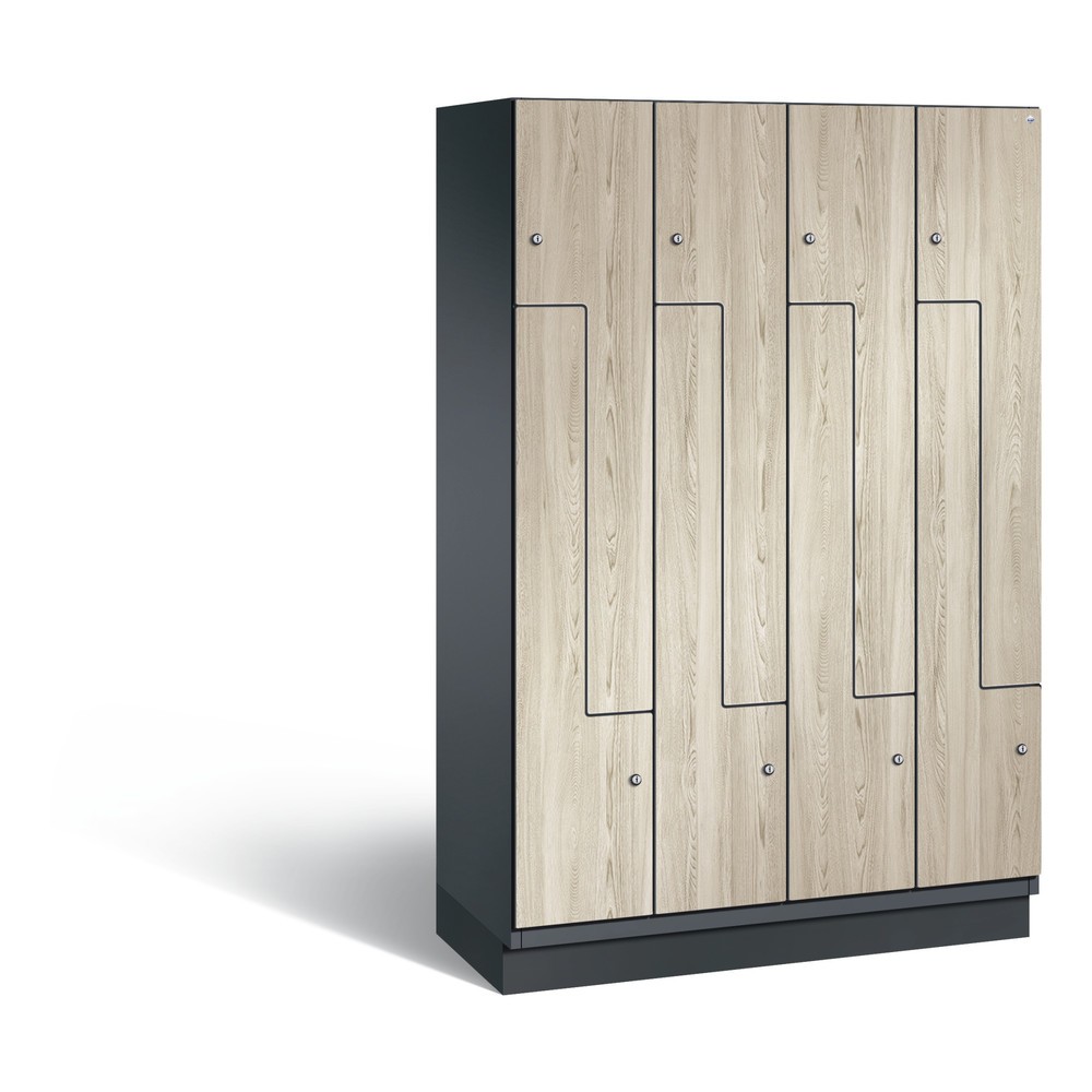 Armoire-penderie en Z Cambio C+P, 4 compartiments, largeur des compartiments 400 mm, HxlxP 1 980 x1 200x525 mm, RAL 7021 gris noir, décor frêne Sen, socle