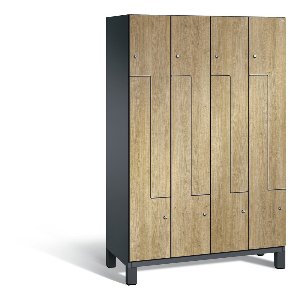 Armoire-penderie en Z Cambio C+P, 4 compartiments, largeur des compartiments 400 mm, HxlxP 1 980 x1 200x525 mm, RAL 7021 gris noir, décor chêne Sereno, pieds